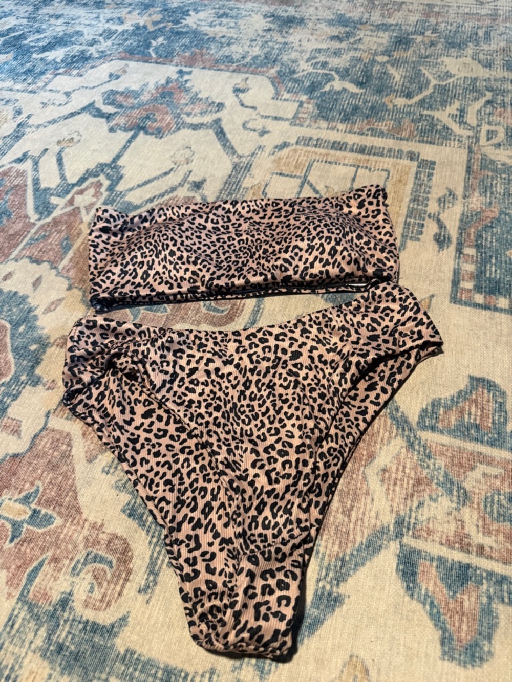 SHEIN Pink and Black Leopard Print Bandeau Bikini